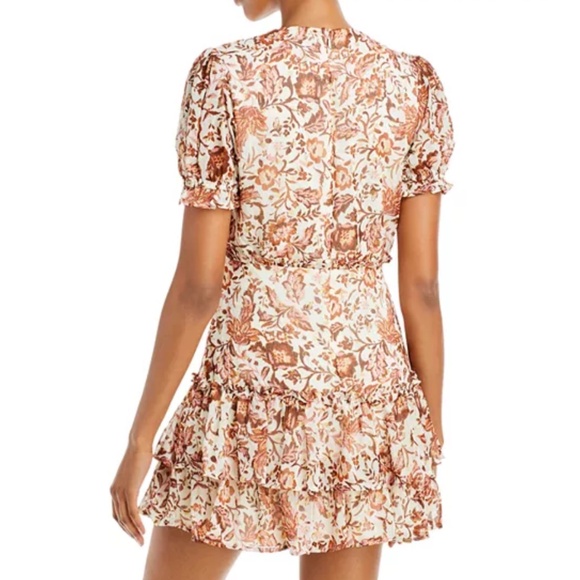 NWT Aqua Ivory Copper Pink Metallic Floral Short Tiered Mini Dress size M - Picture 3 of 10
